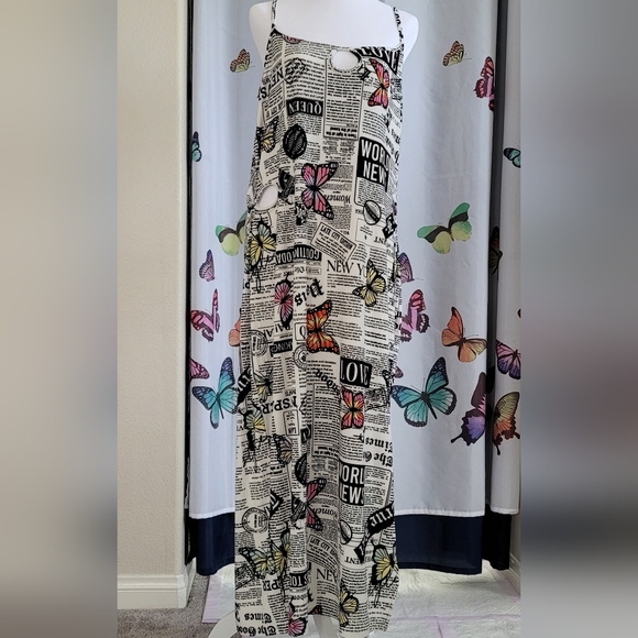 Derek Heart Plus Dresses & Skirts - Women's Spaghetti Strap  Maxi News Print and Butterflies Dress